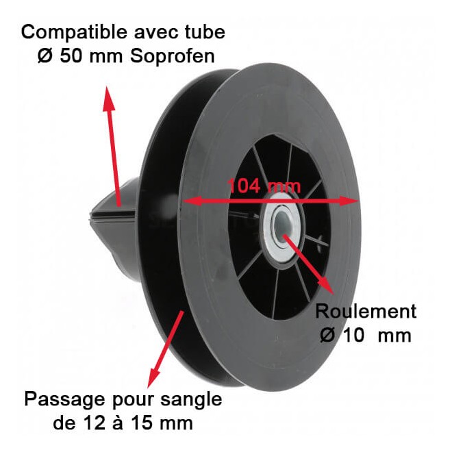 schéma technique Poulie - Tube Soprofen Ø50 - diamètre 104mm + roulement Ø10mm